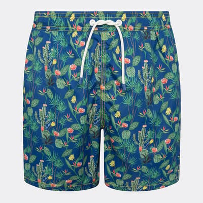 Blue Cactus Print Swim Shorts