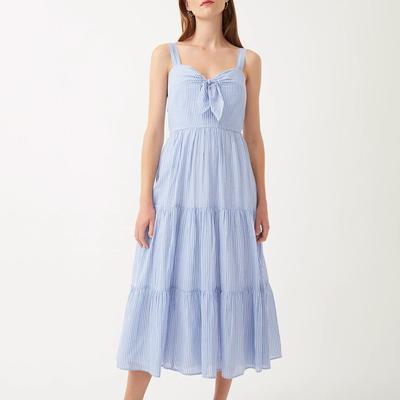 Blue Pinstripe Tiered Cotton Midi Dress