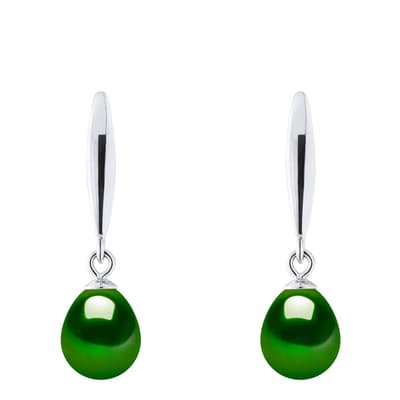 Silver/Malachite Green Real Cultured Freshwater Pearl Earrings