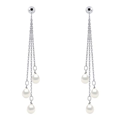Silver/White 3 Real Cultured Freshwater Pearl Hanging Earrings