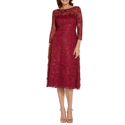 Red Embroidered Lace Midi Dress