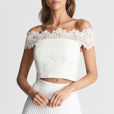 White Evora Bardot Lace Crop Top