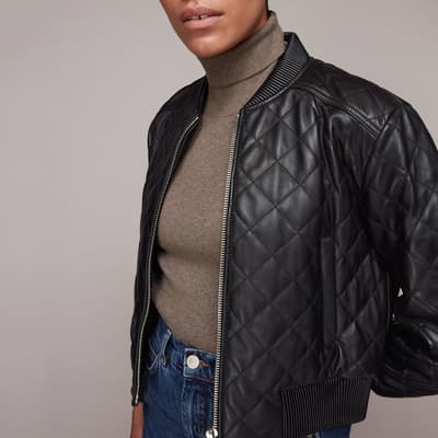 Black Alora Quilted Leather Bomber Jacket