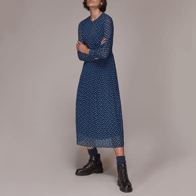 Blue Gingham Check Print Midi Dress
