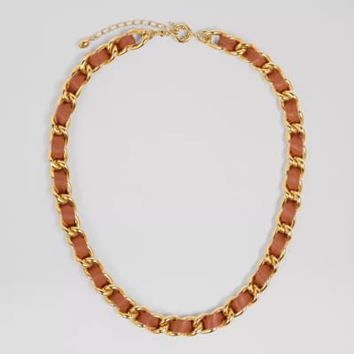Gold Hally Tan Leather And Gold Plated Chain Necklace