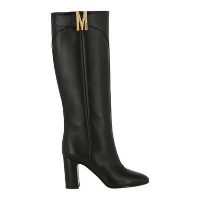 Black Block Heel Gold Plate Heeled Long Boots 