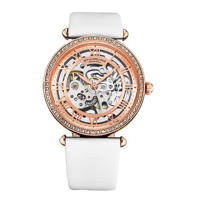 Women's White/Rose Gold Stuhrling Automatic Skeleton Watch 34mm
