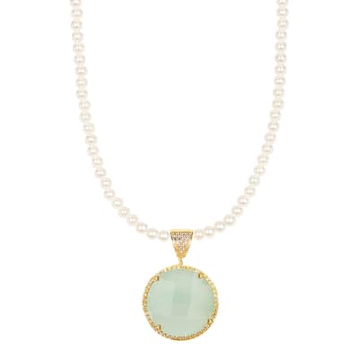 18K Gold Sea Green Chalcedony & Pearl Embelished Necklace