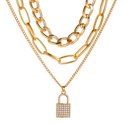 18K Gold Multi Layer Embelished Lock Necklace