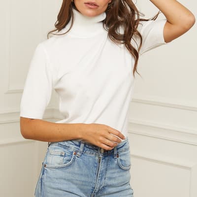 White Roll Neck Short Sleeve Cashmere Blend Top