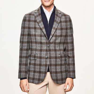 Grey Checked Single Breasted Wool Blazer