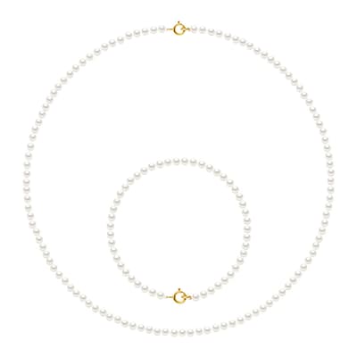 Yellow Gold/Natural White Matching Necklace + Bracelet Pearl Set