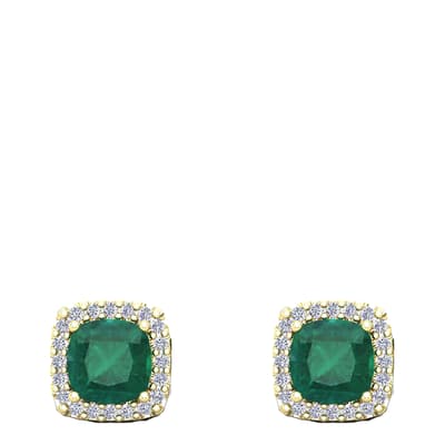 18K Gold Emerald Green Cushion Shape Stud Earrings