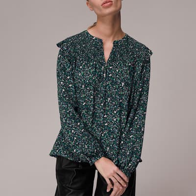 Green Printed Shirred Blouse