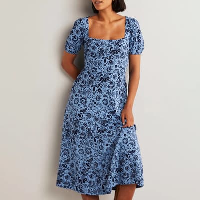 Blue Floral Short Sleeve Jersey Midi Dress