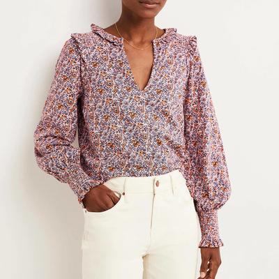 Pink Floral Notch Neck Smocked Frill Top