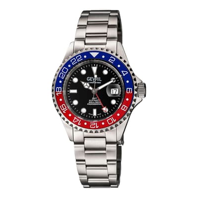 Men's Silver/Black/Red Gevril Wall Street Stainless Steel Bracelet Watch 43mm