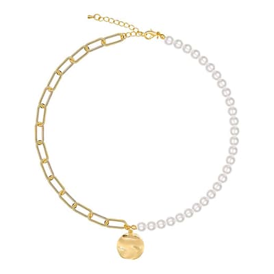 18K Gold Pearl & Chain Disc Hammer Necklace