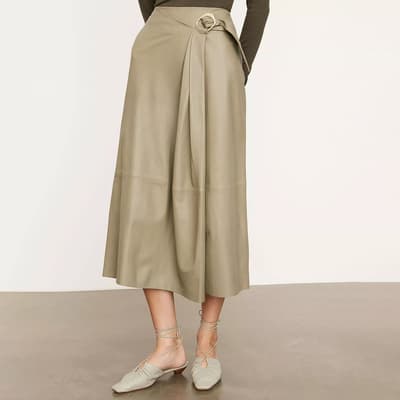 Taupe Buckle Leather Midi Skirt