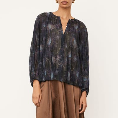 Navy Deco Floral Pleated Blouse