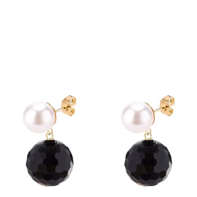 18K Gold Pearl & Onyx Double Drop Earrings