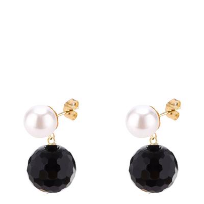 18K Gold Pearl & Onyx Double Drop Earrings