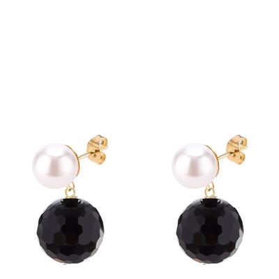 18K Gold Pearl & Onyx Double Drop Earrings