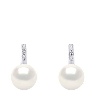 Silver/Natural White Zirconia Mounted Real Cultured Freshwater Pearl Earrings
