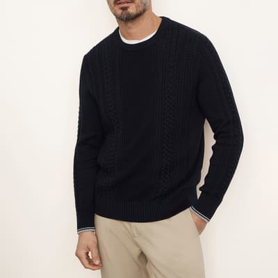 Navy Cable Knit Cotton Crew Neck Jumper