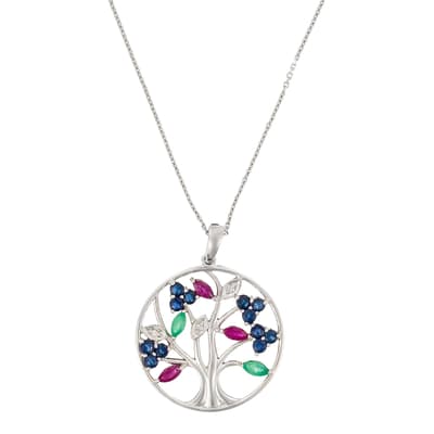 Silver/Multi-Stone Tree Of Life Pendant Necklace