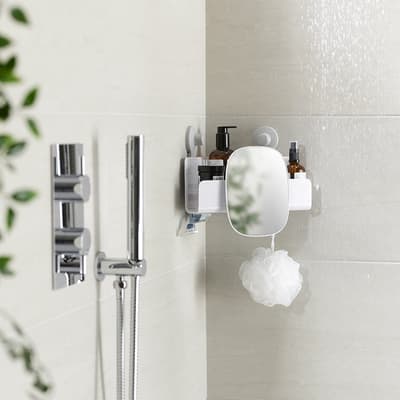 EasyStore Corner Shower Shelf with Removable Mirror, White