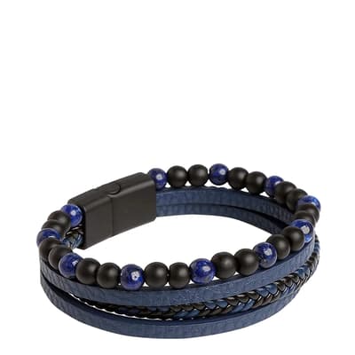 Black Plated Navy Blue Leather & Lapis Bracelet