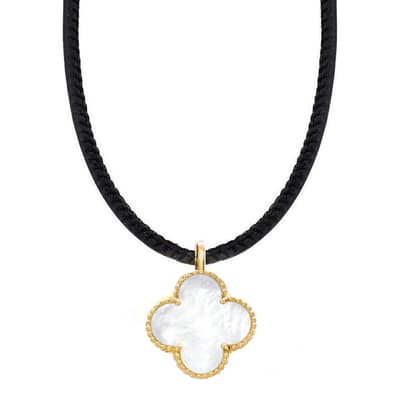 18K Gold White Mother Of Pearl Motif On Black Cord Necklace