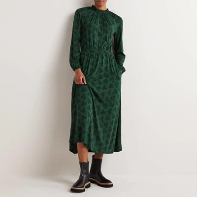 Green Ruffle Neck Jersey Midi Dress