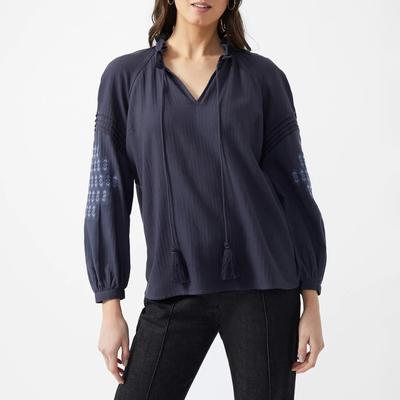 Navy Embroidered Cotton Blend Blouse
