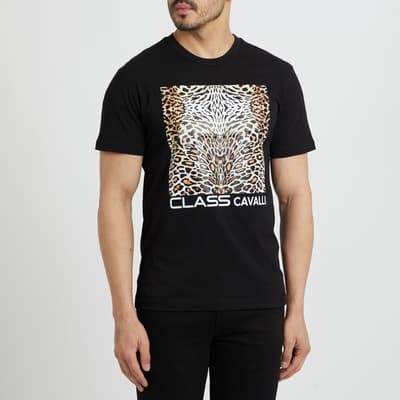 Black Animal Print Logo Cotton T-Shirt