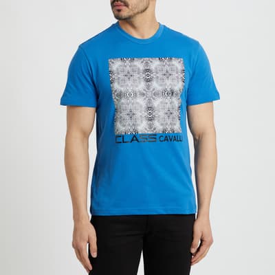 Blue Geometric Square Logo Cotton T-Shirt