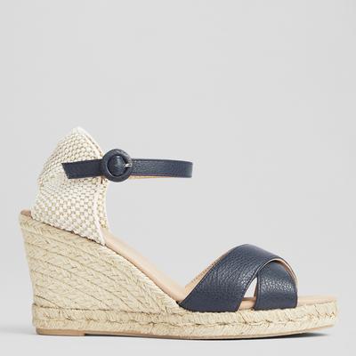 Navy Angele Leather Wedge Heel Sandals