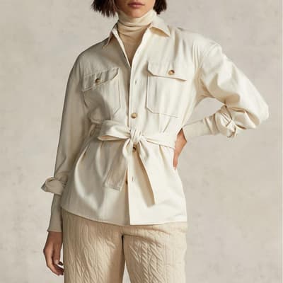 Cream Belted Waist Cotton Overshirt