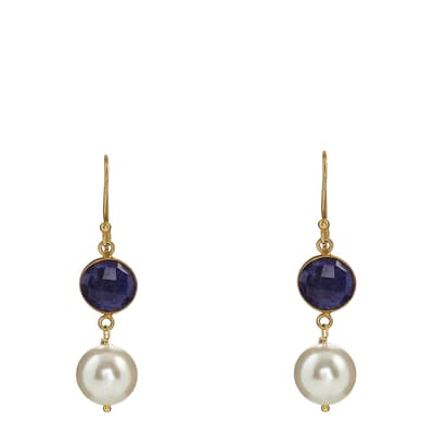 18K Gold Blue Sapphire & Pearl Drop Earrings