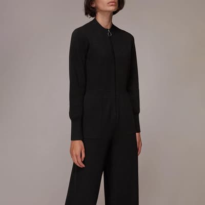 Black Zip Front Cotton Blend Jumpsuit