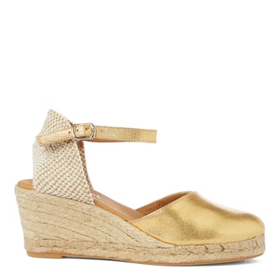 Gold Leather Closed Toe Espadrille Wedges
