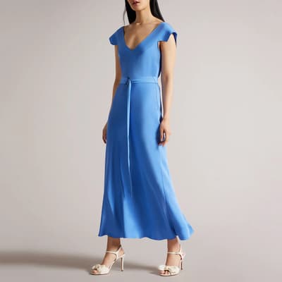 Blue Noemi V Neck Bias Cut Midi Dress