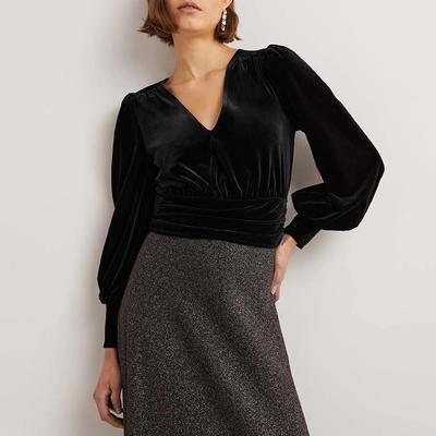 Black Cropped Velvet Blouson Top