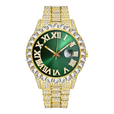 18K Gold Embellished Green Dial Watch