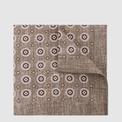 Taupe Crescent Medallion Print Silk Pocket Square