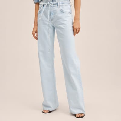Blue Wide Leg Belt Cotton Jeans