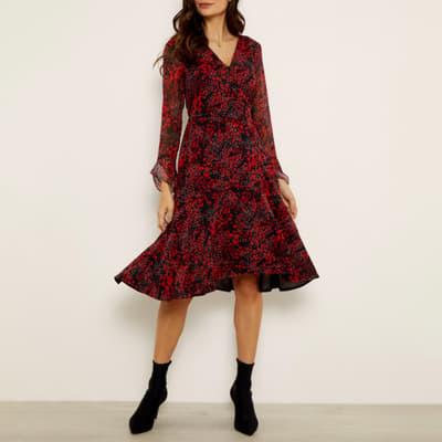 Black/Red Abstract Poppy Print Wrap Dress