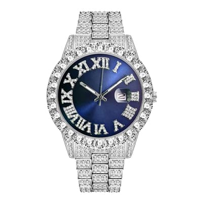 Silver Embellished Blue Dial Watch