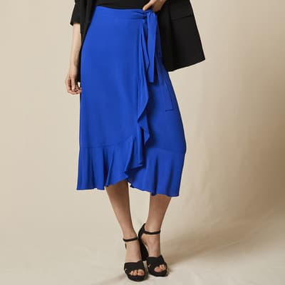 Blue Ruffled Wrap Midi Skirt